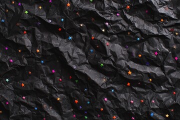 Textured black paper sprinkled with colorful stars