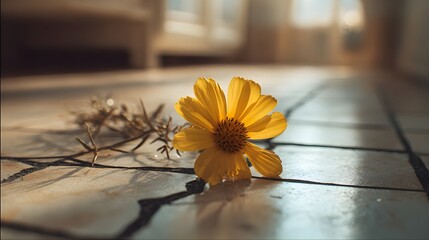 A vibrant yellow flower lies on a tiled surface, illuminated by soft, natural light streaming from a window, highlighting the delicate petals and detailed texture.