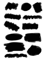 Charcoal pencil curly lines and squiggles, wide strokes. Scribble black strokes vector set. Hand drawn marker scribbles. Black pencil sketches, drawings. Scrawl elements isolated on white background