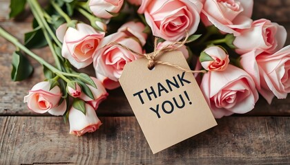 A beautiful bouquet of light pink roses with a thank you tag tied with twine on a rustic wooden surface.
