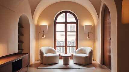 Elegant Minimalist Interior with Arched Window Plush Chairs and Warm Cozy Lighting