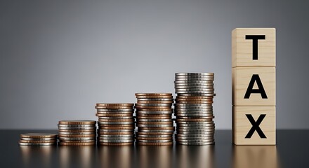 Tax concept with wooden blocks and coins showing increasing tax rates