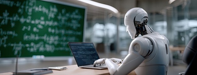 Robot typing on a laptop in a modern classroom setting with a chalkboard filled with mathematical equations and symbols