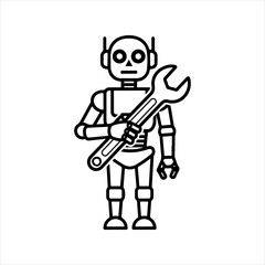 Monochrome line art icon of a friendly humanoid robot holding a spanner, representing concepts of automation, mechanics, and artificial intelligence