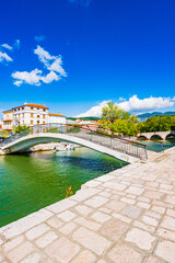 Urban landscape with bridge over canal in town of Crikvenica, Croatia