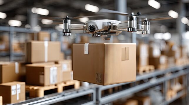 Delivery drone transports package in modern warehouse with workers handling logistics during busy hours