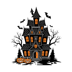Spooky haunted mansion with glowing windows and bats flying on Halloween night