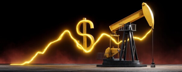 Oil Pump Jack Silhouetted Against a Dramatic Background with a Glowing Dollar Symbol and Growth Trend Line