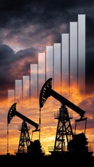 Silhouetted Oil Pumps Against Dramatic Sunset with Upward Economic Chart Overlay