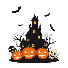 Spooky haunted castle with glowing jack-o'-lanterns and bats on Halloween night