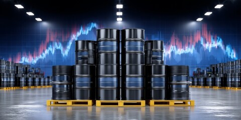 Stacked Black Oil Drums on Yellow Pallets in Industrial Warehouse with Modern Digital Graph Background