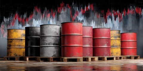 Stacked Colorful Oil Drums on Wooden Pallets with Market Trend Chart Background