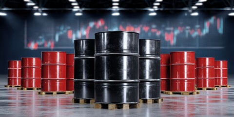 Stacked Oil Drums in Industrial Warehouse with Financial Chart Background