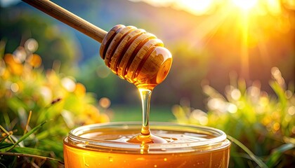 Golden Honey Dripping from Dipper into Glass Jar Outdoors at Sunset