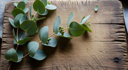 Rustic Wood Board Eucalyptus Sprigs.