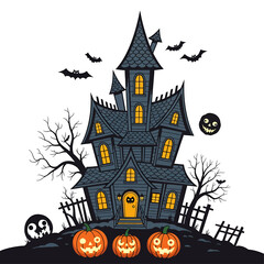 Spooky haunted house with glowing windows, bats, and jack-o'-lanterns on Halloween night.