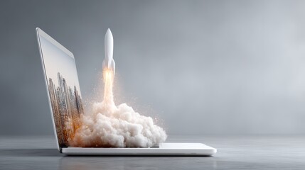 A Modern Laptop Igniting the Skies: A Rocket Launching from Its Screen Captured in a Stunning Conceptual Image