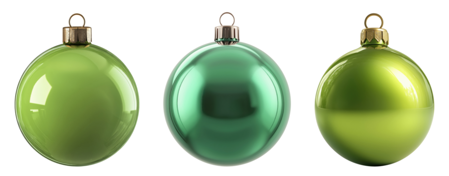 Three vibrant green Christmas ball ornaments in different shades isolated on transparent background