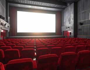 Fototapeta premium Luxurious Empty Movie Theater with Red Velvet Seating and Giant Screen