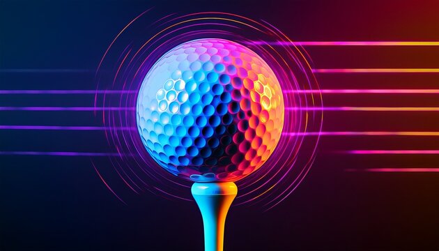 a golf ball on a tee with a neon color palette and a futuristic aesthetic