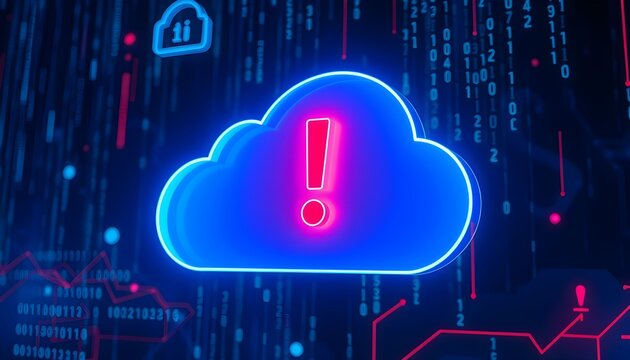 A glowing blue cloud icon with a red exclamation mark inside, symbolizing a cloud computing alert or error, set against a backdrop of binary code and digital circuits.