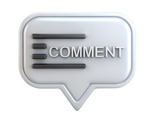 Shiny white speech bubble with the word comment in silver metallic letters isolated on transparent background