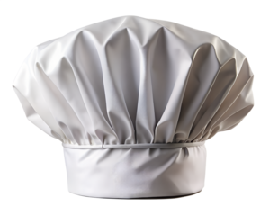 Classic white tall chef s hat with pleats and a band isolated on transparent background