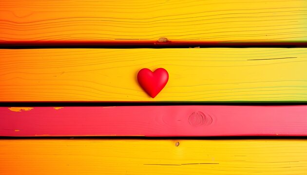 A small red heart rests on a vibrant, multi-colored wooden background, symbolizing love and warmth.