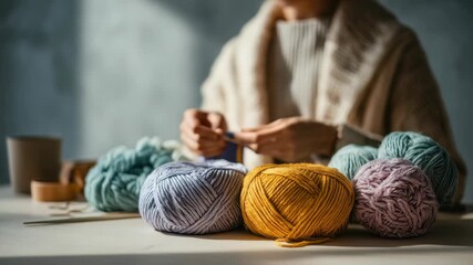 Closeup woman knitting with pastel yarn balls on table, cozy handmade craft, soft wool threads, creative hobby, autumn home activity, relaxing pastime, warm sweater, DIY inspiration, natural textures - Powered by Adobe