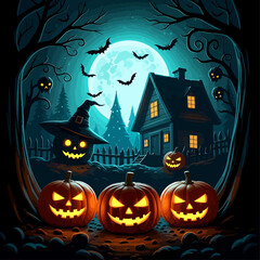 Spooky pumpkins glow under a full moon on Halloween night, with a haunted house and bats in the background.