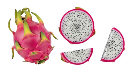 Isolated whole and sliced dragon fruits on a neutral surface ready for eating and recipes