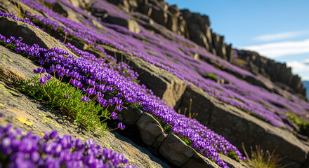Obraz premium Mountain slope covered in purple flowers under blue sky