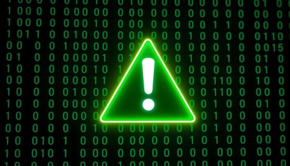 A bright green neon warning sign with an exclamation mark inside a triangle, set against a dark background filled with binary code.