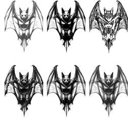 Set of bat illustrations in gothic black and white style with multiple variations. Perfect for use in tattoo design, gothic artwork, Halloween decorations, rock and metal band posters