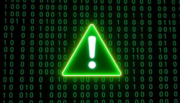 A bright green neon warning sign with an exclamation mark inside a triangle, set against a dark background filled with binary code.
