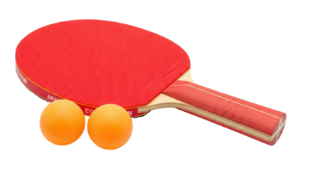 Isolated Red ping pong paddle with balls on a neutral background, table tennis equipment