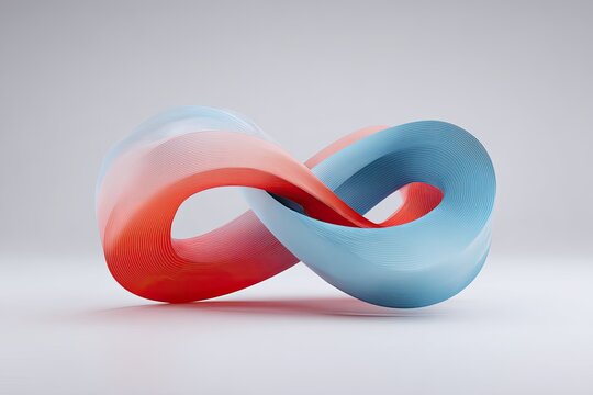3D infinity loop sculpture, red-blue gradient, abstract form, on white background