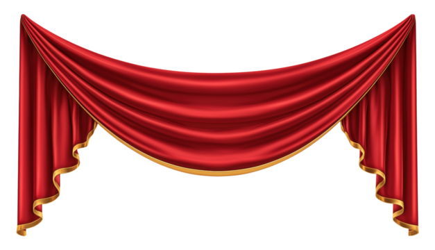 Red velvet theater curtain with decorative draping, isolated on transparent background - Powered by Adobe
