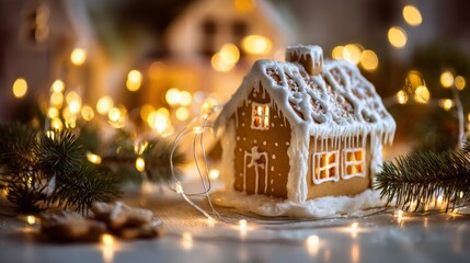 Festive gingerbread house decorated with white icing and glowing lights for a cozy Christmas atmosphere