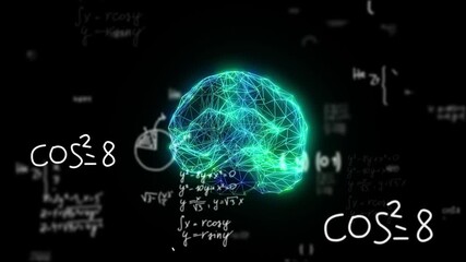 Luminous digital brain spinning in 3D space, encircled by floating mathematical equations and formulas, representing artificial intelligence and cutting-edge technology. 4k footage - Powered by Adobe