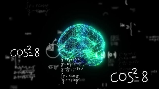  Luminous digital brain spinning in 3D space, encircled by floating mathematical equations and formulas, representing artificial intelligence and cutting-edge technology. 4k footage - Powered by Adobe
