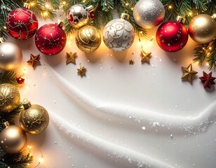 Elegant Christmas Frame Border with Gold Ornaments, Fairy Lights, and Festive Gifts

