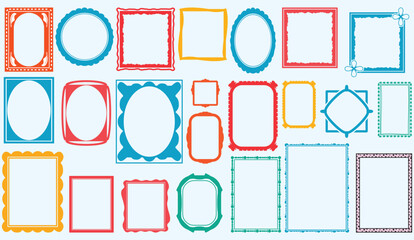 Doodle wave frame set, hand drawn border color collection, cute minimal hand drawn square blank kit. Elegant retro ornament empty banner. Celebration doodle frame