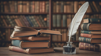 Vintage Inkwell with Quill Pen and Old Books on Wooden Desk Conceptual Education History Scene