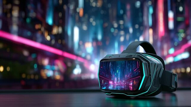 high-tech VR headset placed in front of neon-lit gaming monitor, cyberpunk-inspired room, vivid pink and green illumination, sharp focus, cinematic feel VR gaming headset, neon cyb