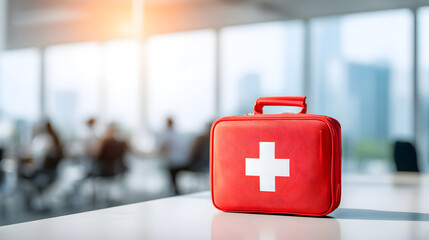 Red first aid kit on a table in a modern office environment with blurred background activity