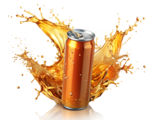 Orange soda can with a dynamic splash of liquid and droplets isolated on transparent background