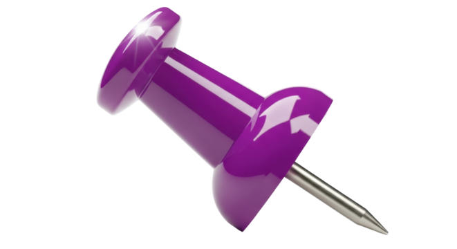 Isolated purple pushpin, office supply, pinboard tack, noticeboard fastener, stationary item
