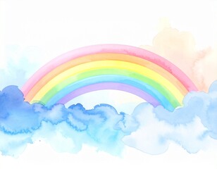 Vibrant Watercolor Rainbow Arch with Pastel Pink and Blue Clouds on white background 