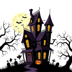 Spooky haunted mansion under a full moon with bats and ghosts on Halloween night